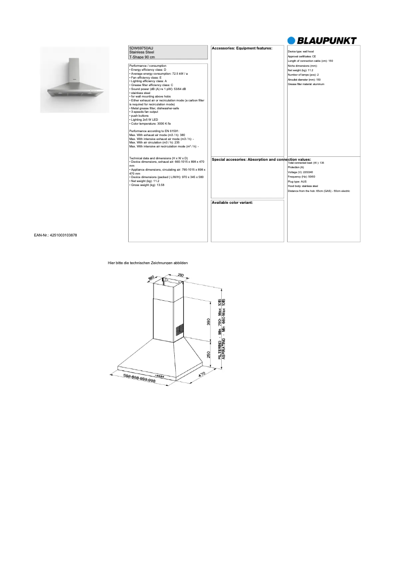Page 1 de la notice Fiche technique Blaupunkt 5DW69750AU