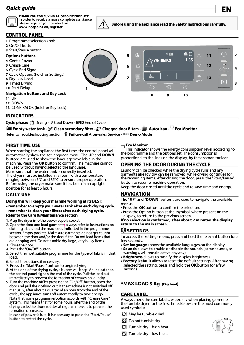 Page 1 de la notice Mode d'emploi Hotpoint H8 D94WB EU