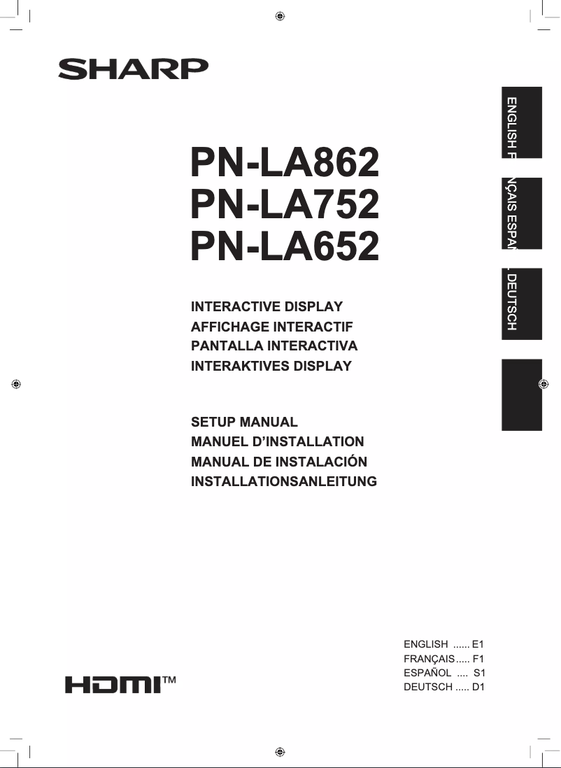 Page n°1 - Guide d'installation Sharp PN-LA862
