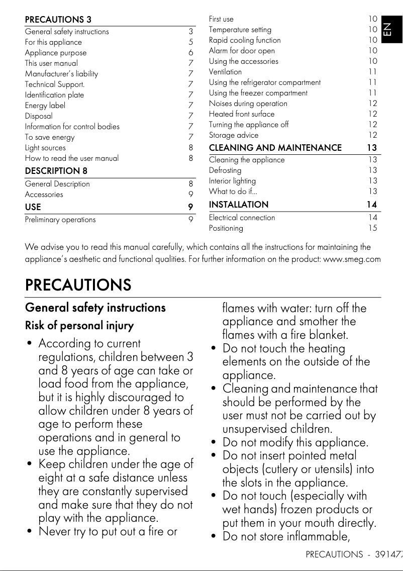 Page 1 de la notice Manuel utilisateur Smeg FAB28LCR5UK