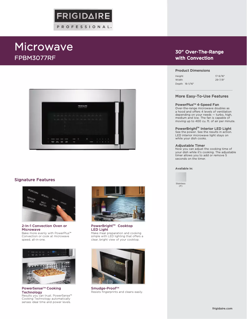Page 1 de la notice Fiche technique Frigidaire FPBM3077RF