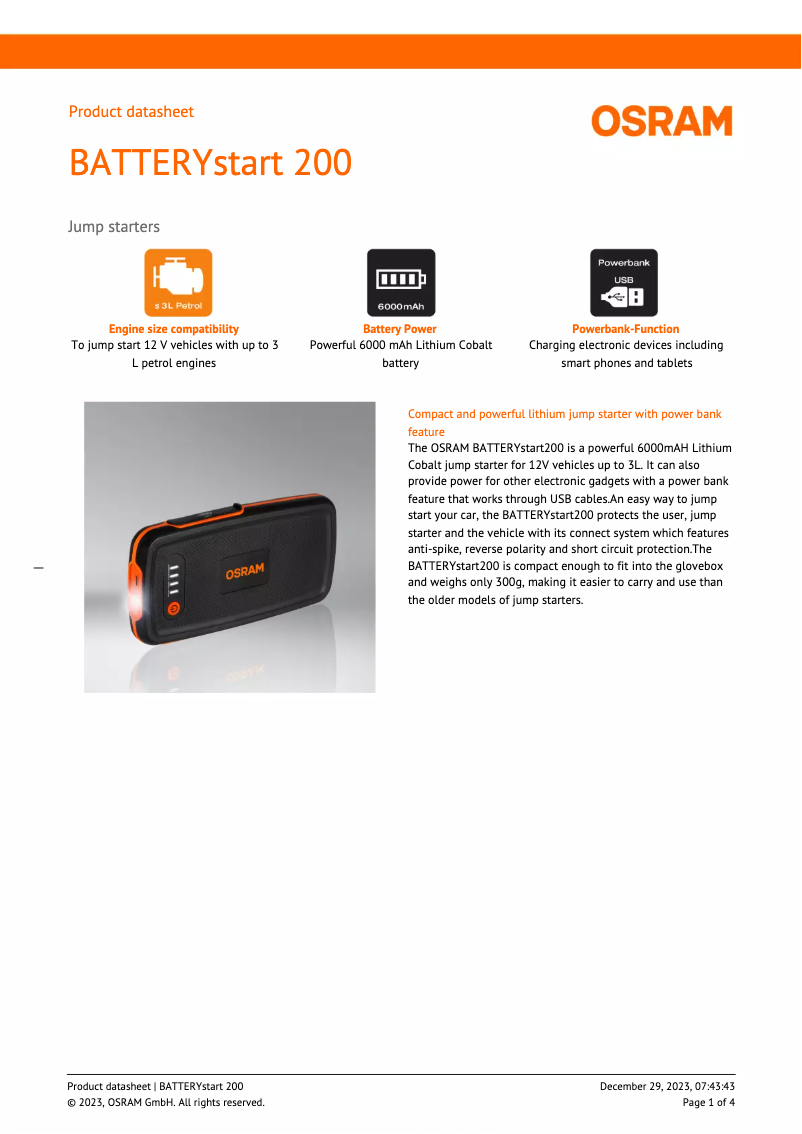 Page 1 de la notice Fiche technique Osram BATTERYstart 200