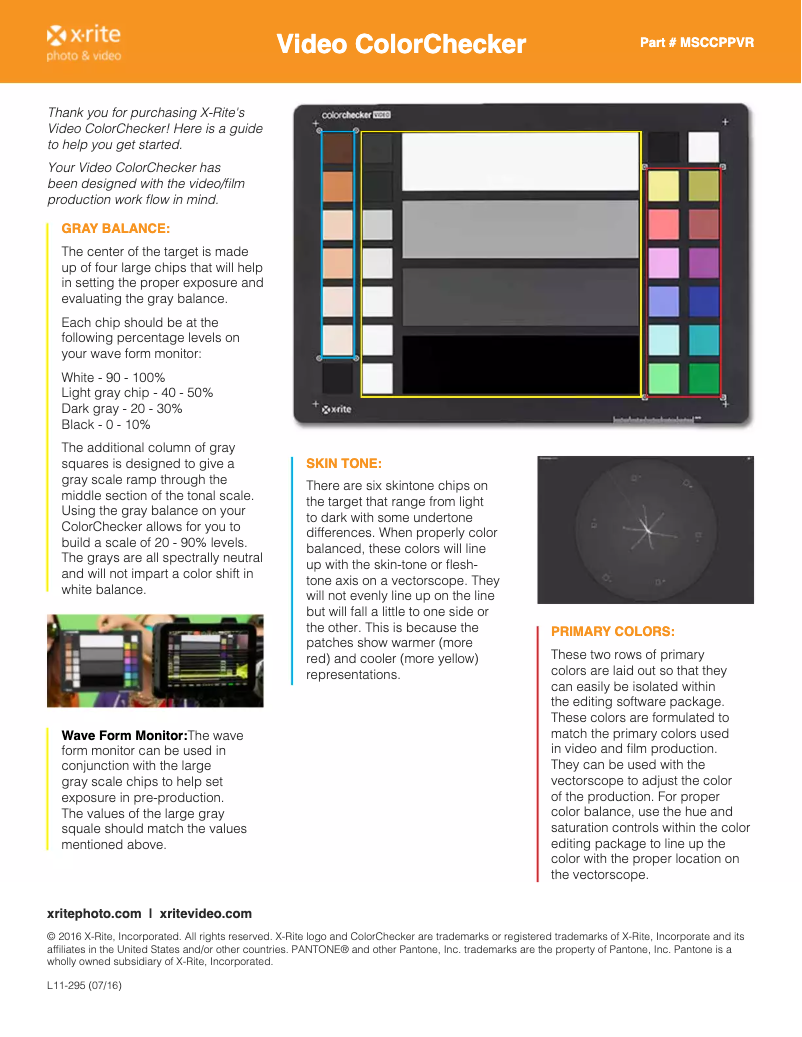 Page 1 de la notice Manuel utilisateur X-Rite Video ColorChecker