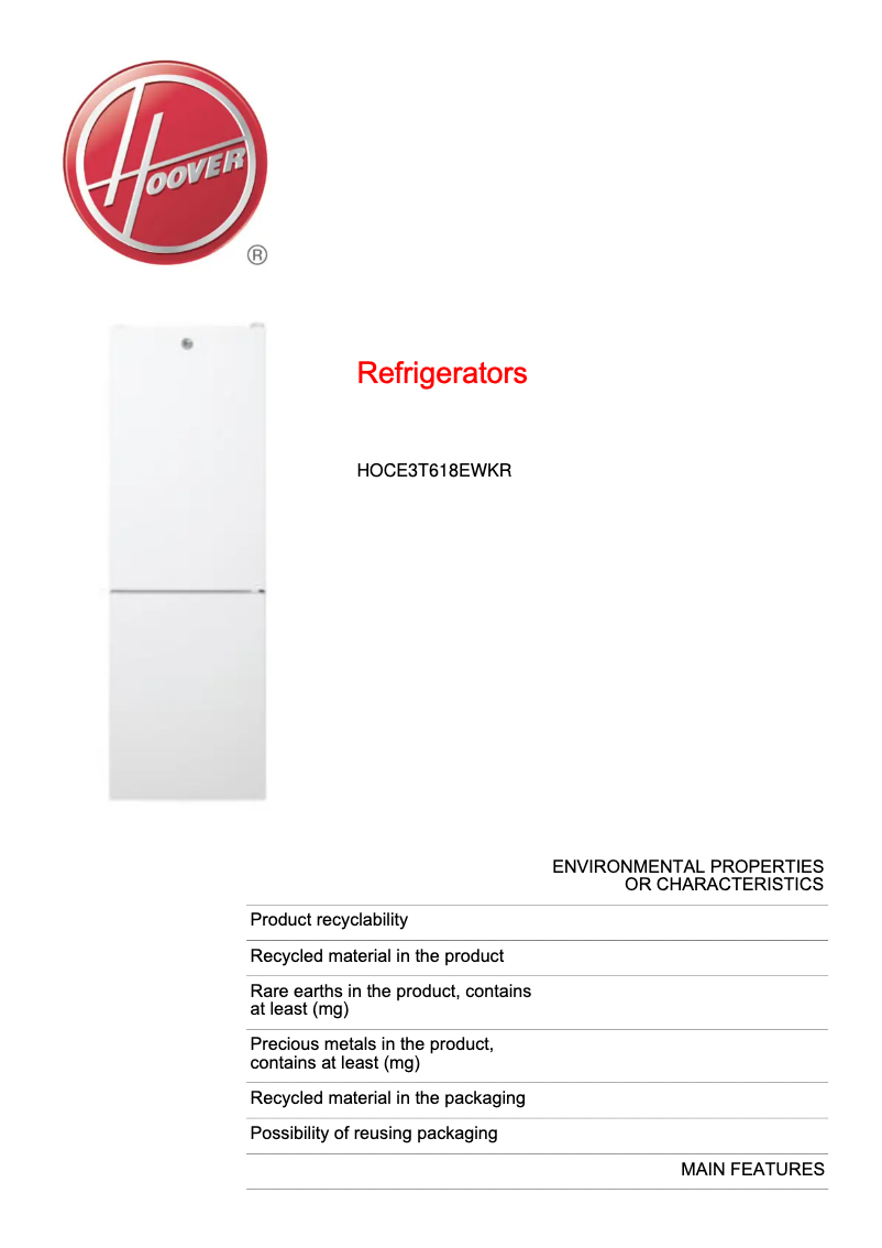 Page n°1 - Fiche technique Hoover HOCE3T618EWKR