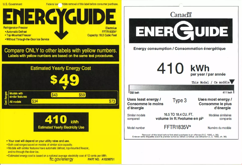 Page n°1 - Label énergétique Frigidaire FFTR1835VS