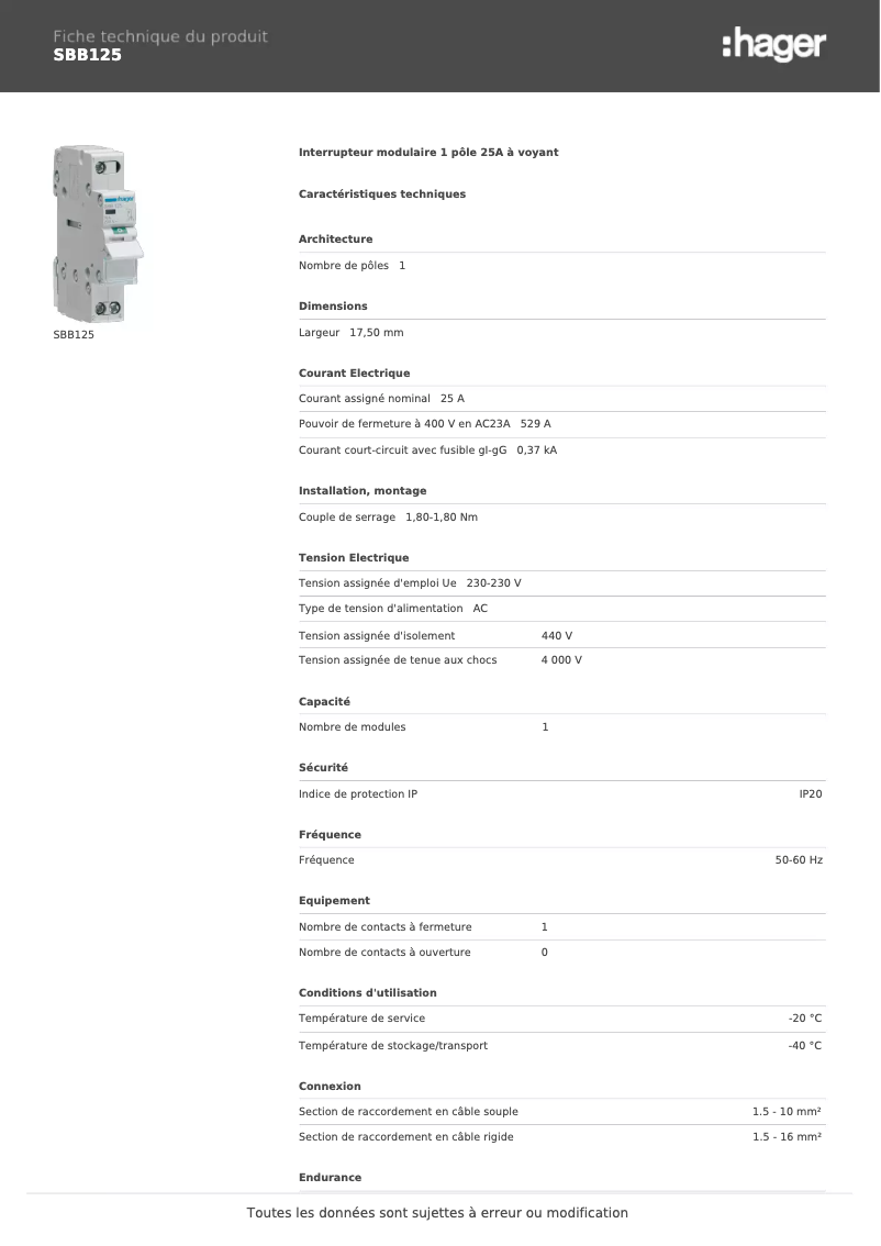 Page 1 de la notice Fiche technique Hager SBB125