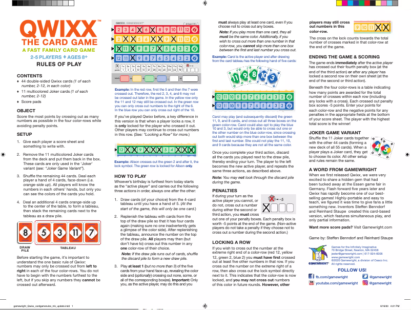 Page n°1 - Manuel utilisateur Gamewright Qwixx