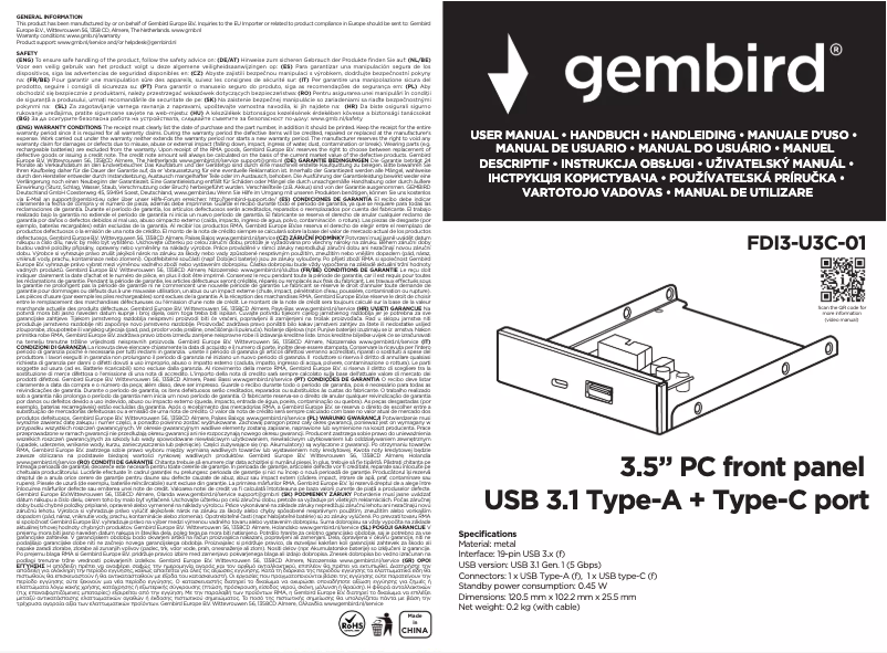 Page 1 de la notice Manuel utilisateur Gembird FDI3-U3C-01