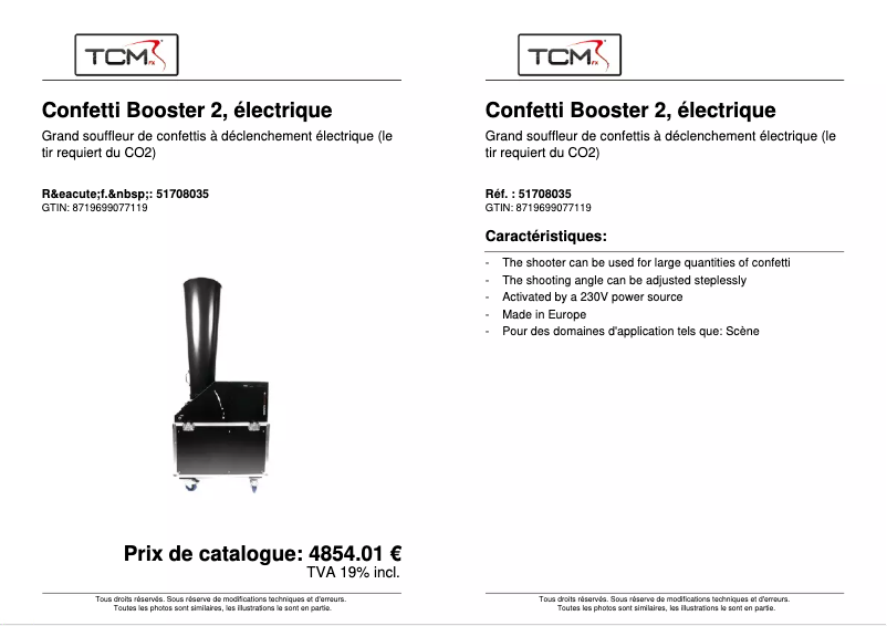 Page 1 de la notice Fiche technique TCM FX Confetti Booster II