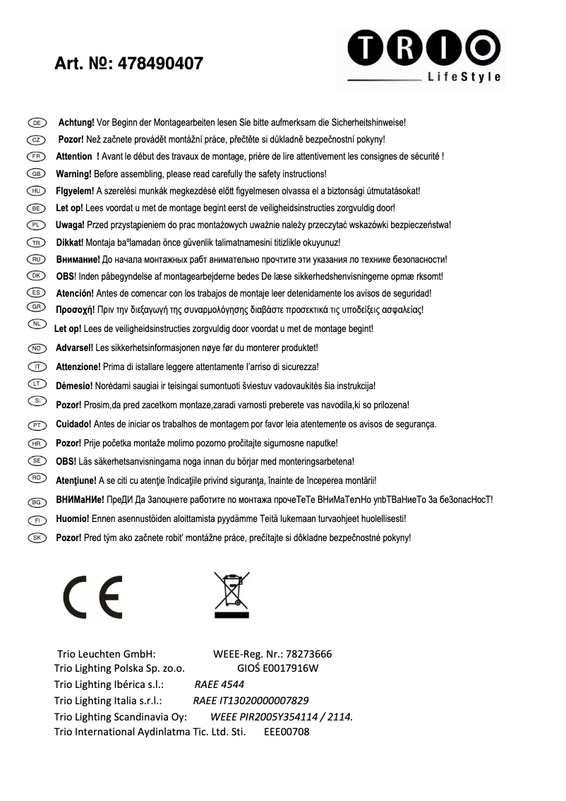 Page n°1 - Manuel utilisateur Trio Lighting Columbus 478490407