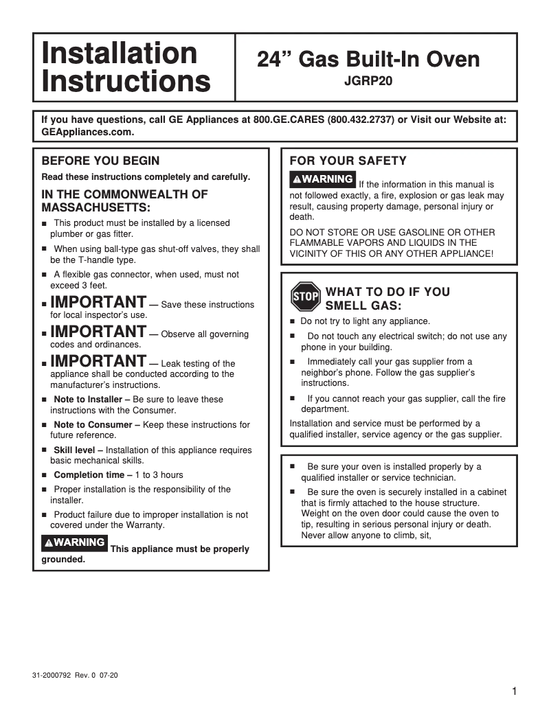 Page 1 de la notice Guide d'installation GE JGRP20WEJWW