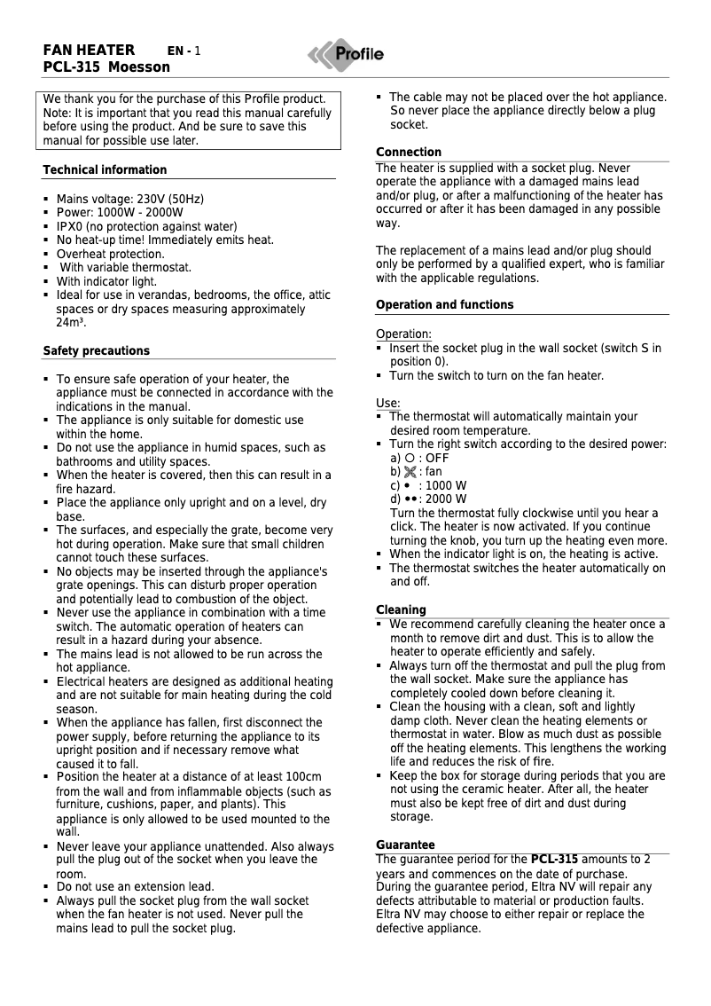 Page 1 de la notice Manuel utilisateur Profile PCL-315 Moesson