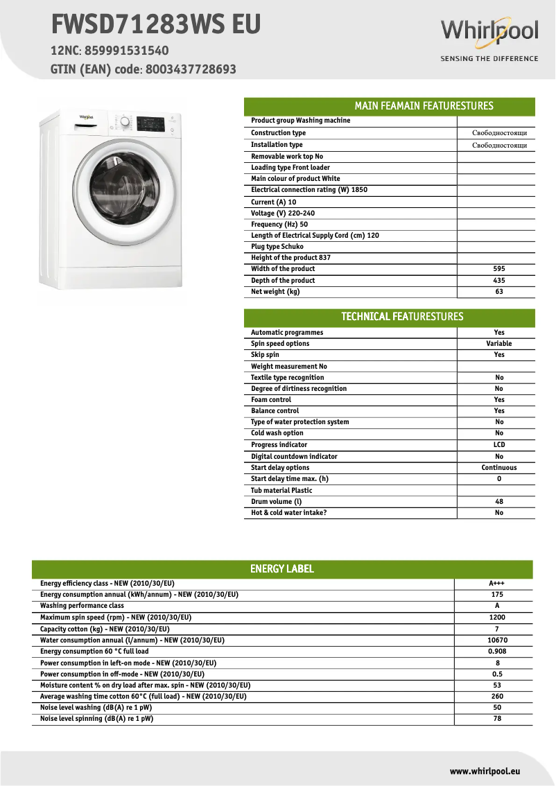 Image de la première page du manuel de l'appareil FWSD71283WS