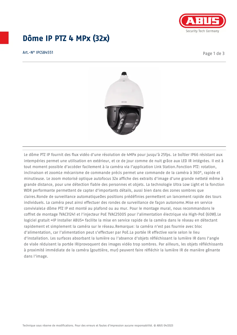 Page n°1 - Fiche technique Abus IPCS84551