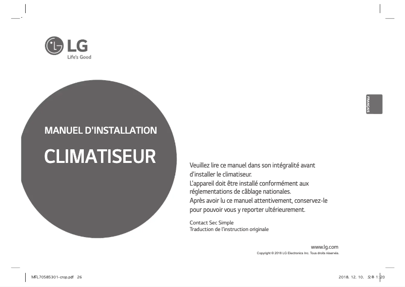 Page 1 de la notice Guide d'installation LG PDRYCB000