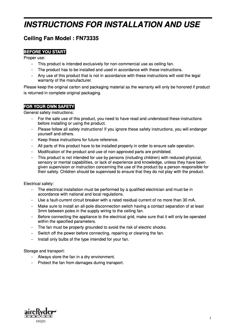 Página 1 del manual Manual de usuario AireRyder Aero