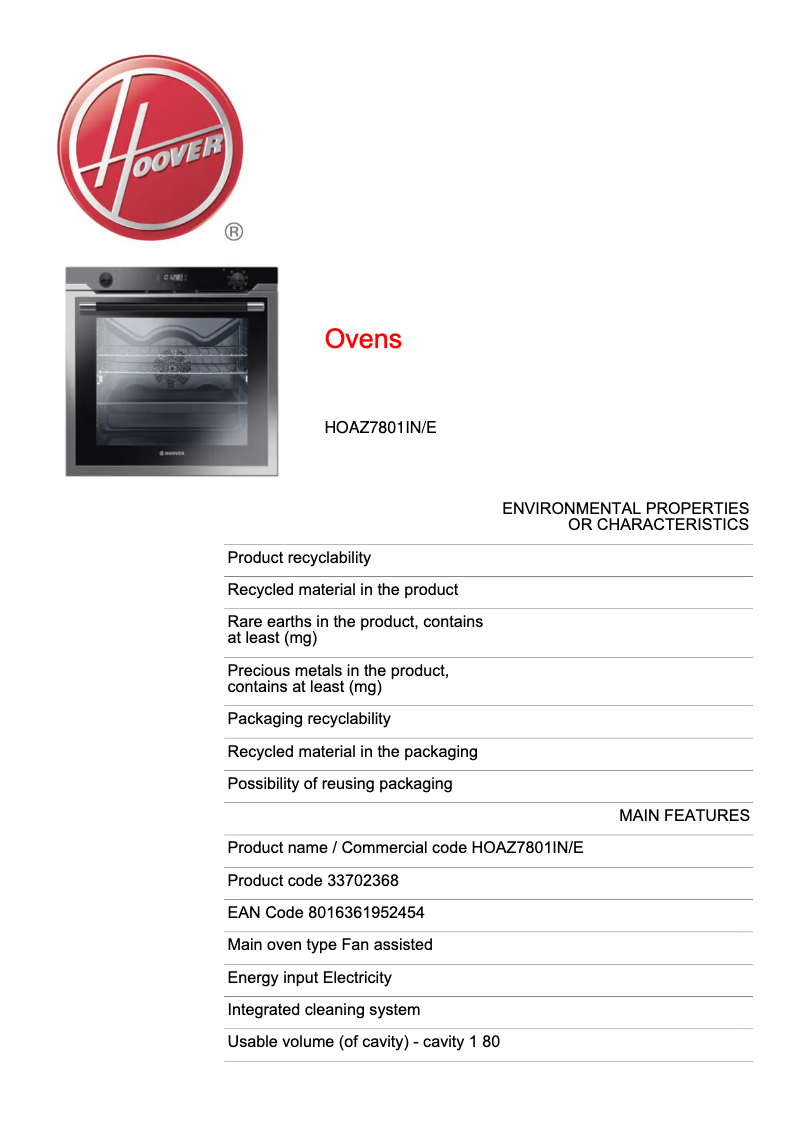 Página 1 del manual Ficha técnica Hoover HOAZ7801IN/E