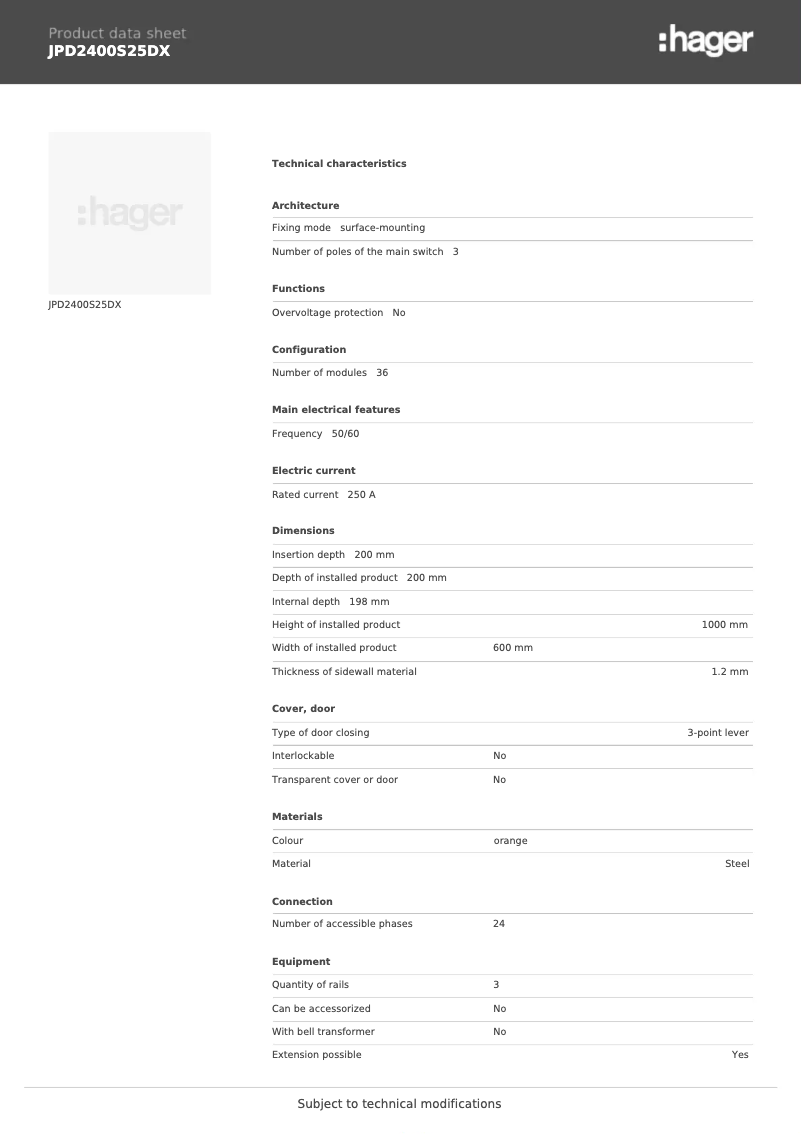 Page 1 de la notice Fiche technique Hager JPD2400S25DX