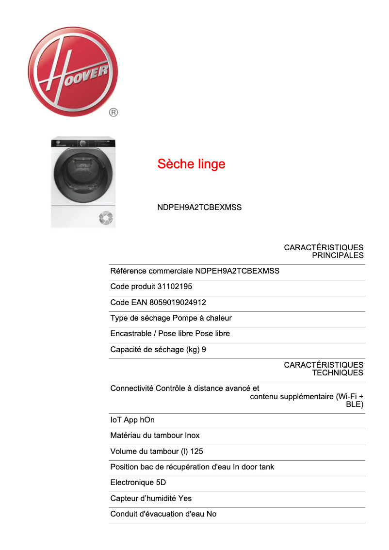 Page n°1 - Fiche technique Hoover NDPEH9A2TCBEXMSS