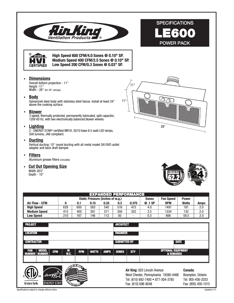Page 1 de la notice Fiche technique Air King LE600