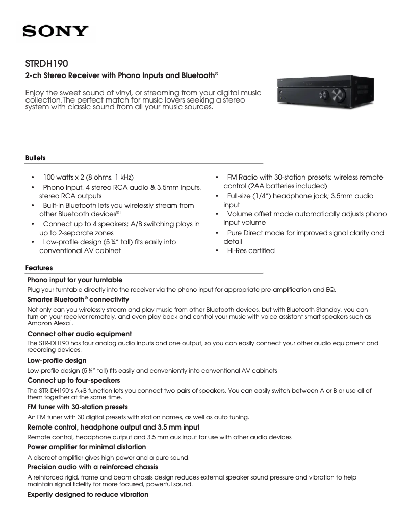Page 1 de la notice Fiche technique Sony STR-DH190