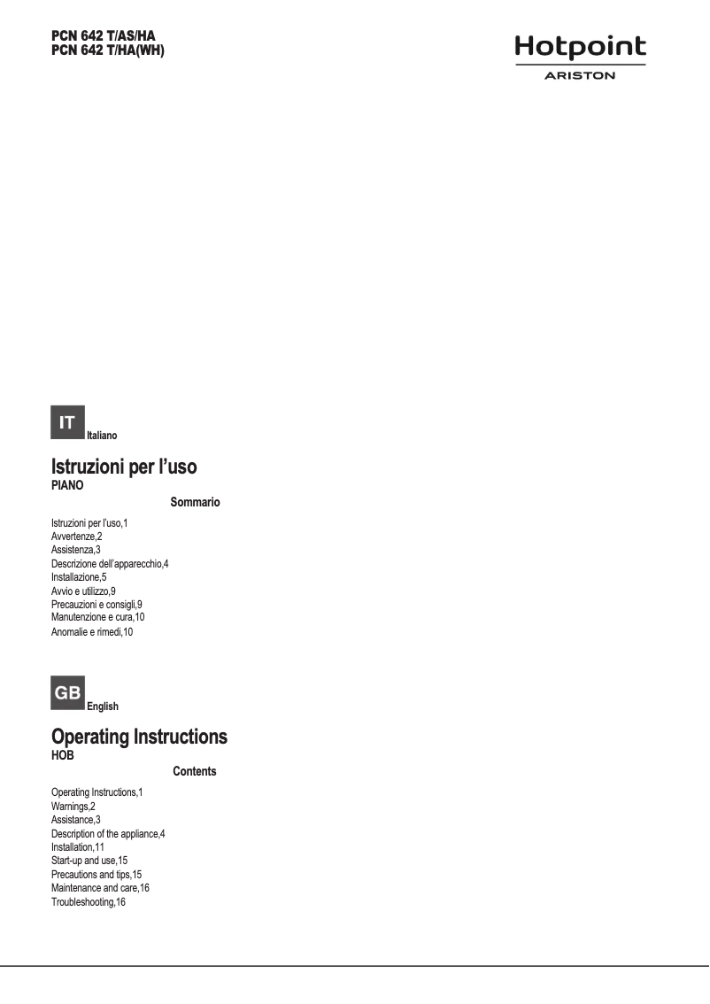 Page 1 de la notice Manuel utilisateur Hotpoint Ariston PCN 642 T/HA(WH)