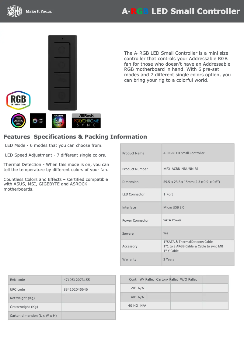 Page 1 de la notice Manuel utilisateur Cooler Master A-RGB LED Small Controller