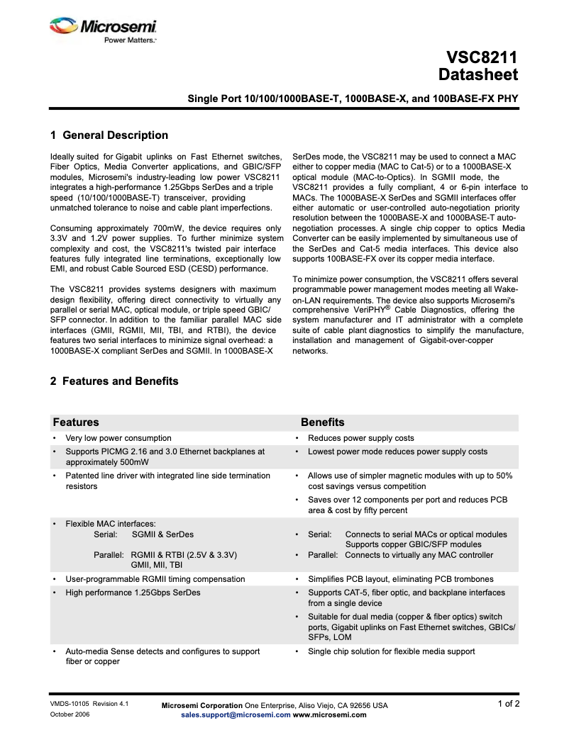 Page 1 de la notice Fiche technique Microchip VSC8211
