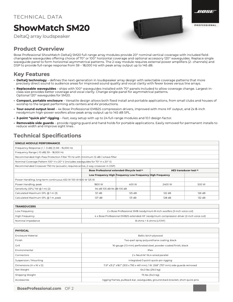 Page 1 of the manual Technical Sheet Bose ShowMatch DeltaQ SM20