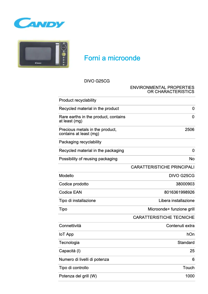 Page 1 de la notice Fiche technique Candy DIVO G25CG