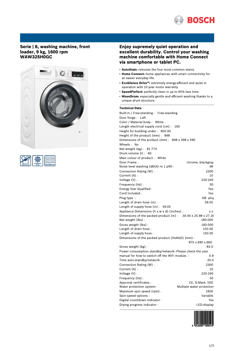 Page n°1 - Fiche technique Bosch WAW325H0GC