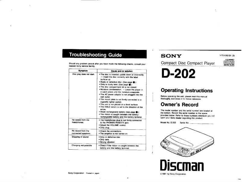 Page 1 de la notice Manuel utilisateur Sony Discman D-202