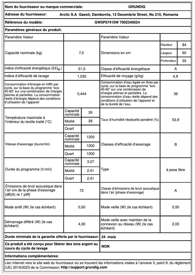 Page n°1 - Fiche technique Grundig GW5P57410W