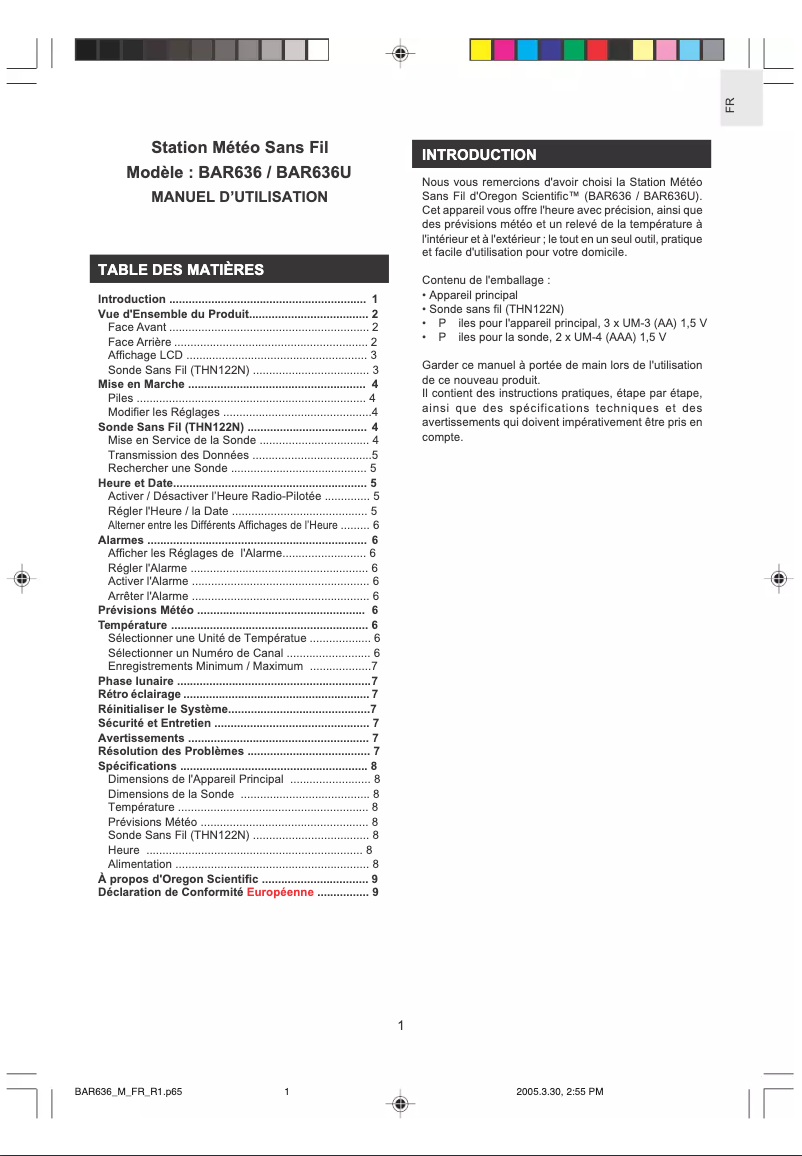 Page 1 de la notice Manuel utilisateur Oregon Scientific BAR636