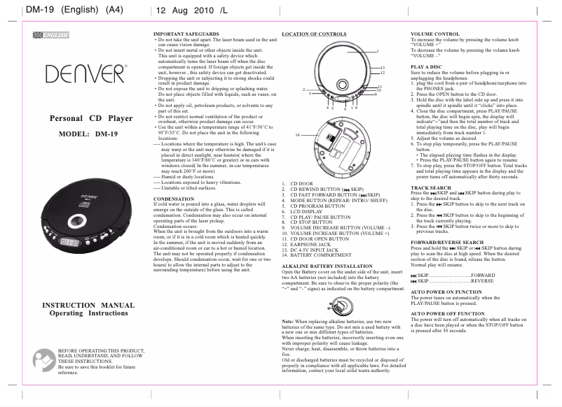 Page 1 de la notice Manuel utilisateur Denver DM-19