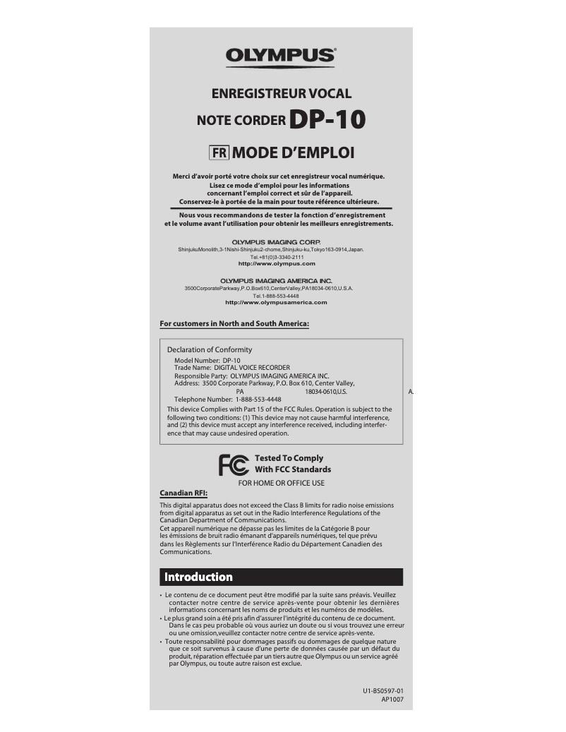 Page 1 de la notice Manuel utilisateur Olympus DP-10