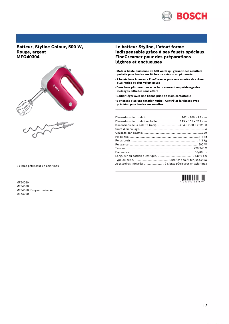 Page 1 de la notice Fiche technique Bosch MFQ40304