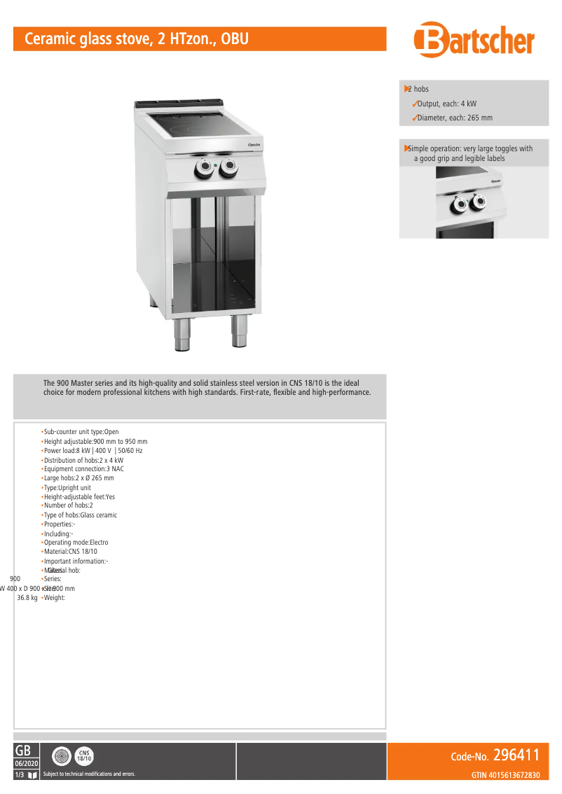 Page 1 de la notice Fiche technique Bartscher 296318