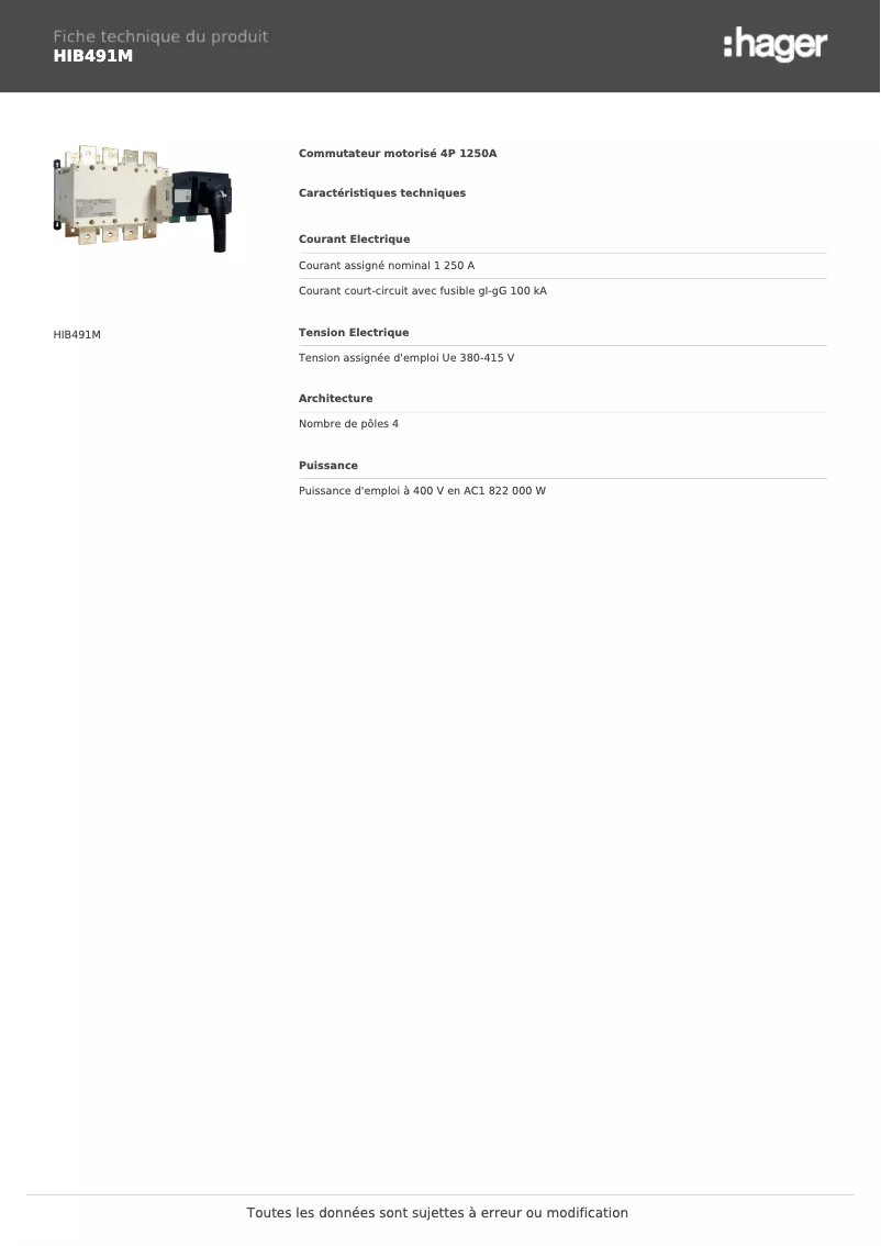 Page 1 de la notice Fiche technique Hager HIB491M