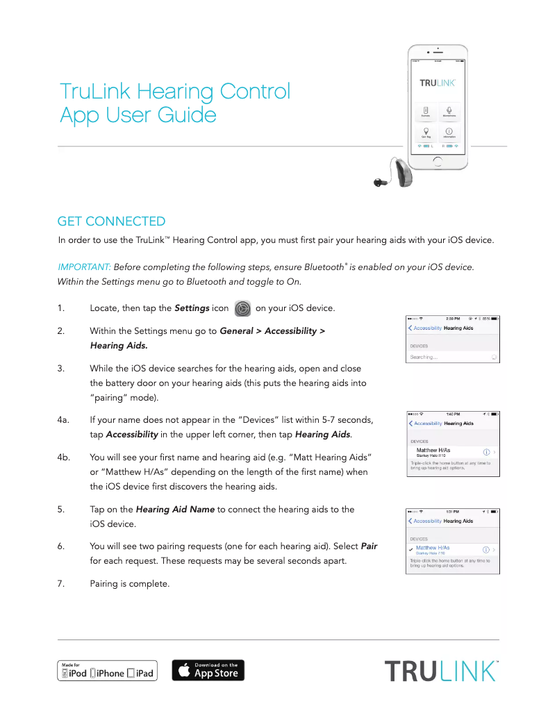 Image de la première page du manuel de l'appareil TruLink Hearing Control App