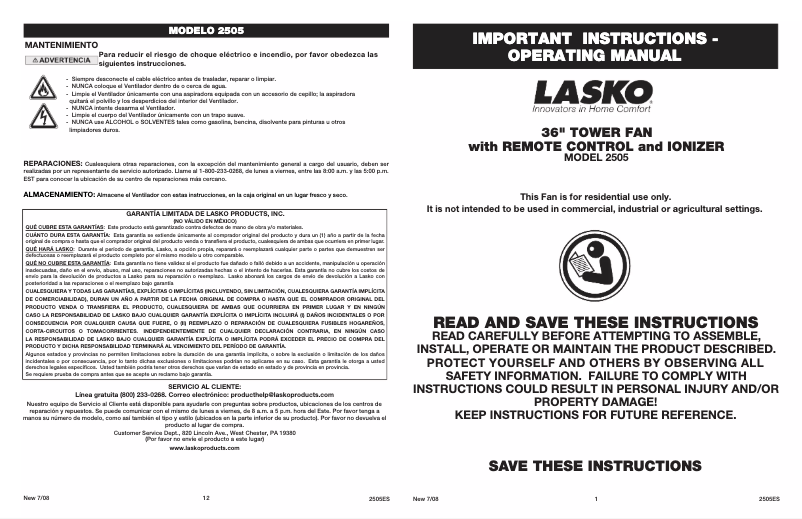 Page 1 de la notice Manuel utilisateur Lasko 2505