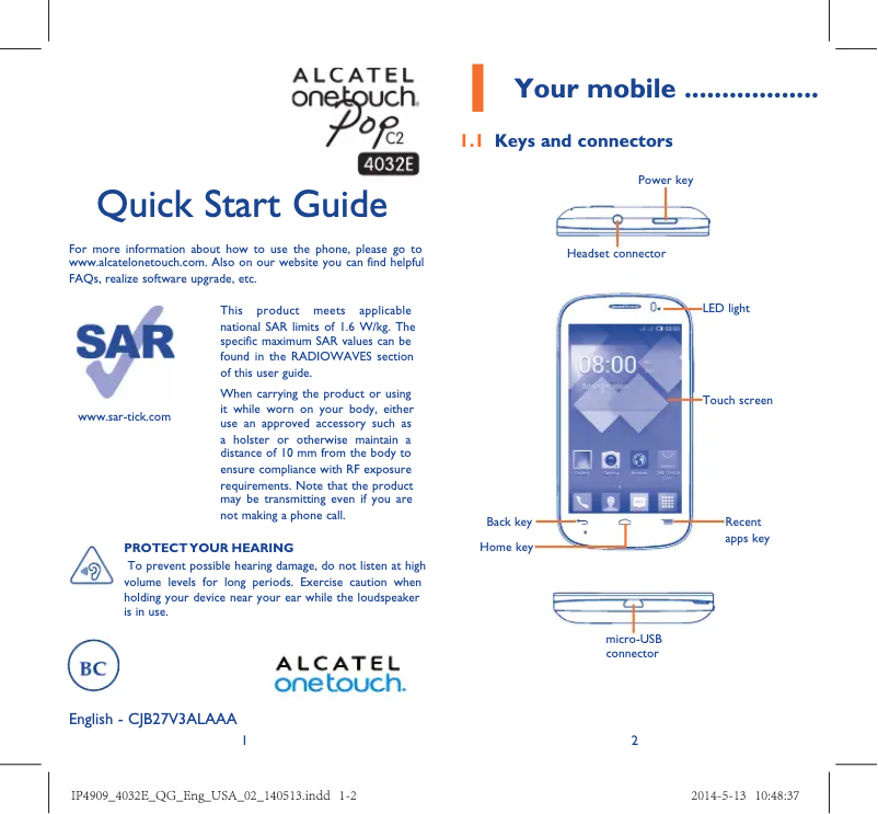 Page 1 de la notice Guide de démarrage rapide Alcatel One Touch Pop C2