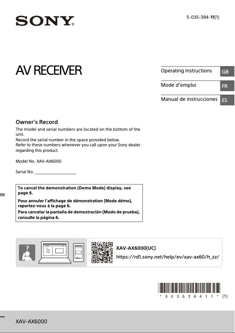 Page 1 de la notice Manuel utilisateur Sony XAV-AX6000