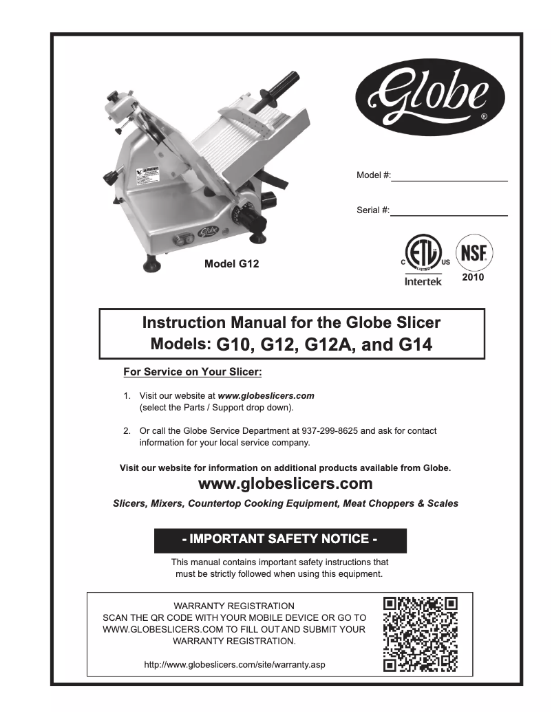 Page n°1 - Manuel d'utilisation et d'entretien Globe G14