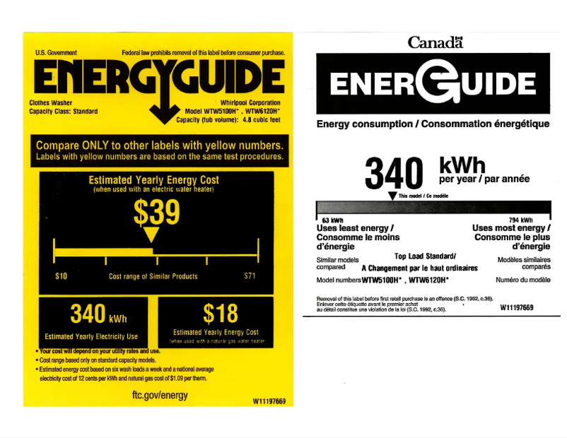 Page 1 de la notice Label énergétique Whirlpool WTW6120HC