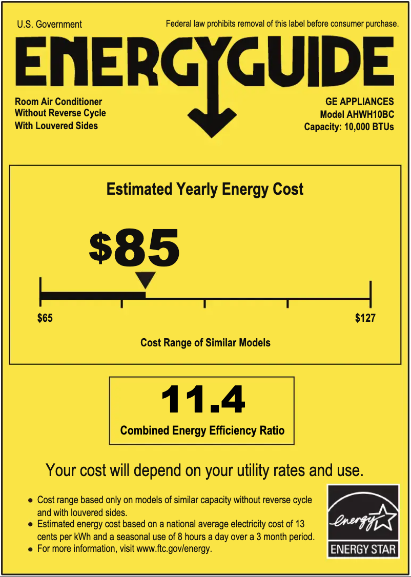 Page 1 de la notice Label énergétique GE AHWH10BC