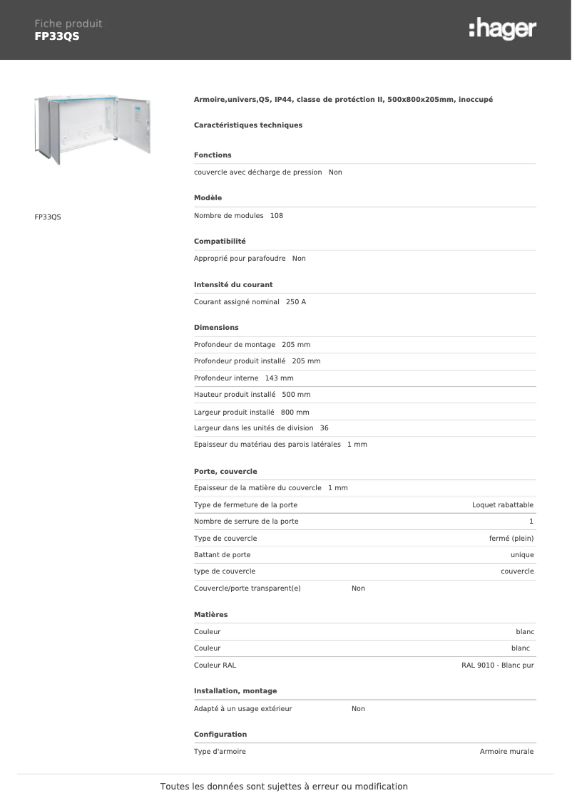Page n°1 - Manuel utilisateur Hager FP33QS