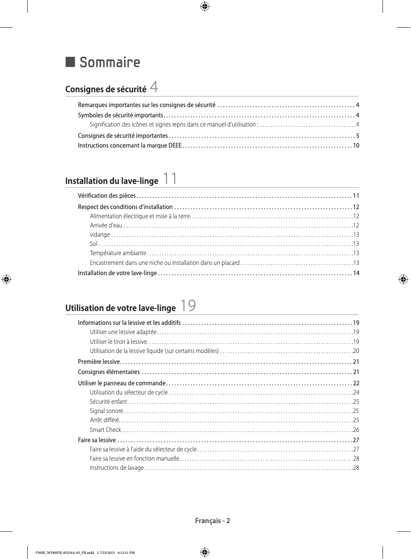 Image de la première page du manuel de l'appareil WF70F5E3U4W