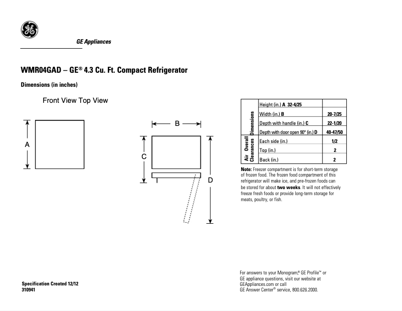Page 1 de la notice Fiche technique GE WMR04GADBB