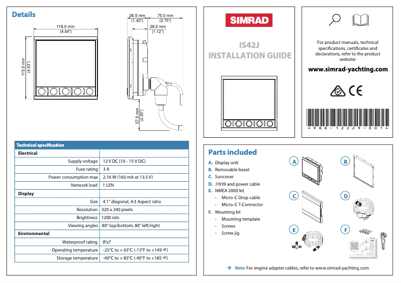 Page 1 de la notice Guide d'installation Simrad IS42J